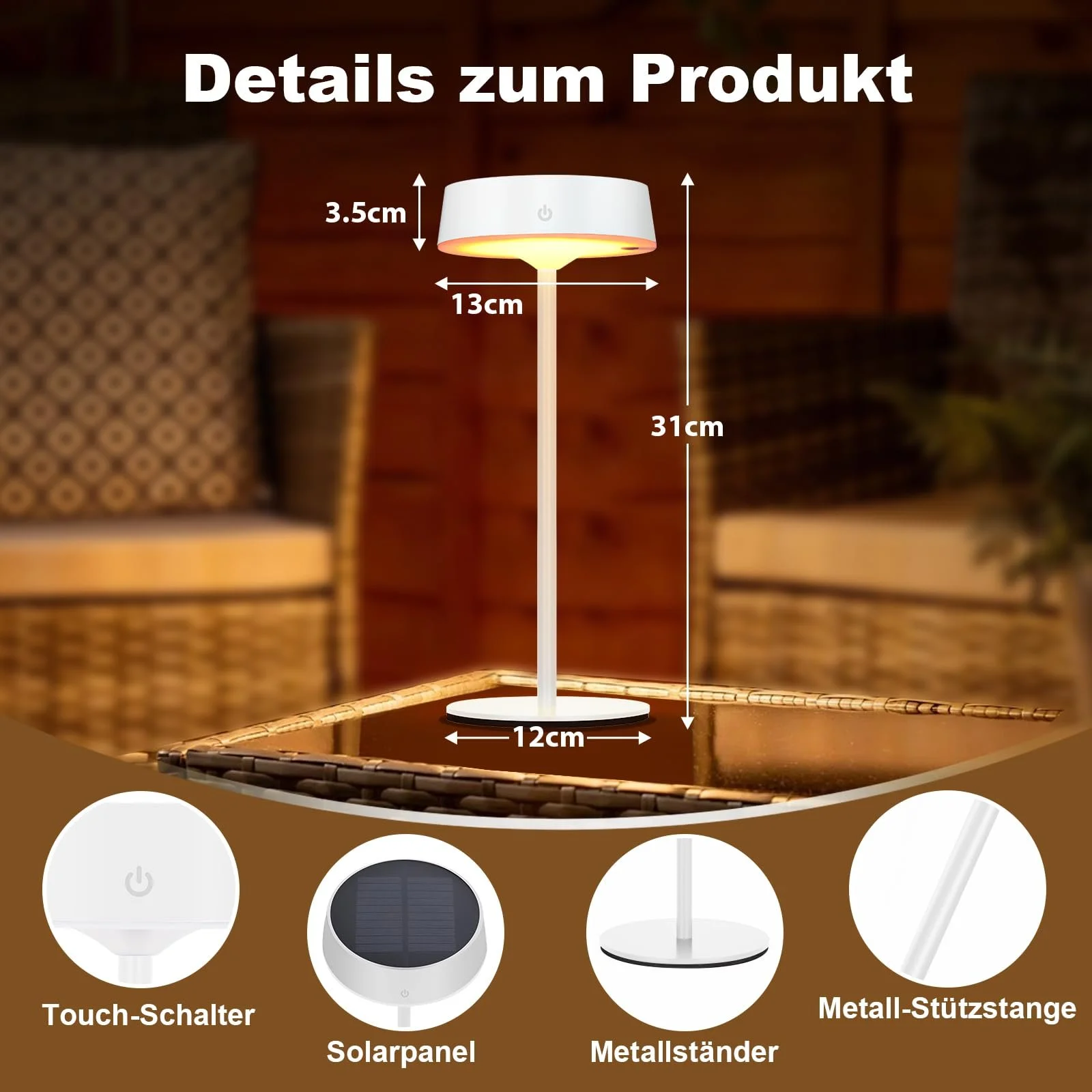 Настільна лампа Rosnek LED бездротова на сонячній батареї IP67 3 колірні температури Біла, фото №5