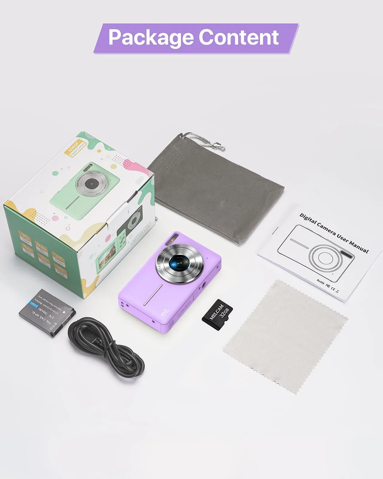 Цифрова камера 1080P 44 MP 2.4 дюйми LCD 16x Zoom 32 GB Фіолетовий, фото №8