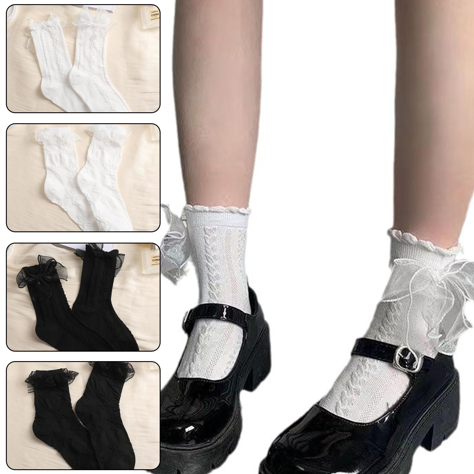 4 пари мереживних шкарпеток для жінок Lolita Ribbon Fairy з оборками, фото №7