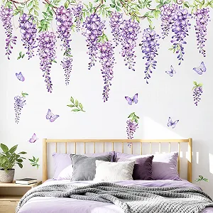 Наклейка на стіну Supzone Flowers Квіти гліцинії що звисають фіолетова для спальні та вітальні - Фото 1