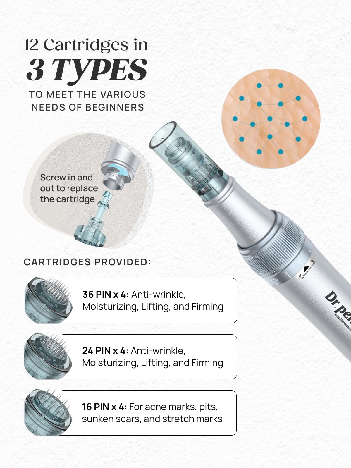 Ручка для мікронідлінгу Dr. Pen M7S з 12 змінними картриджами (16 голок, 24 голки, 36 голок) для антивікового догляду, срібляста, фото №5