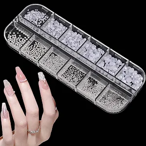 Бисер для дизайна ногтей, ассорти размеров, белый, 3D подвески для ногтей, белые плоские круглые полукруглые бусины, аксессуары для маникюра, DIY украшения (1 коробка/12 отделений) - Фото 1