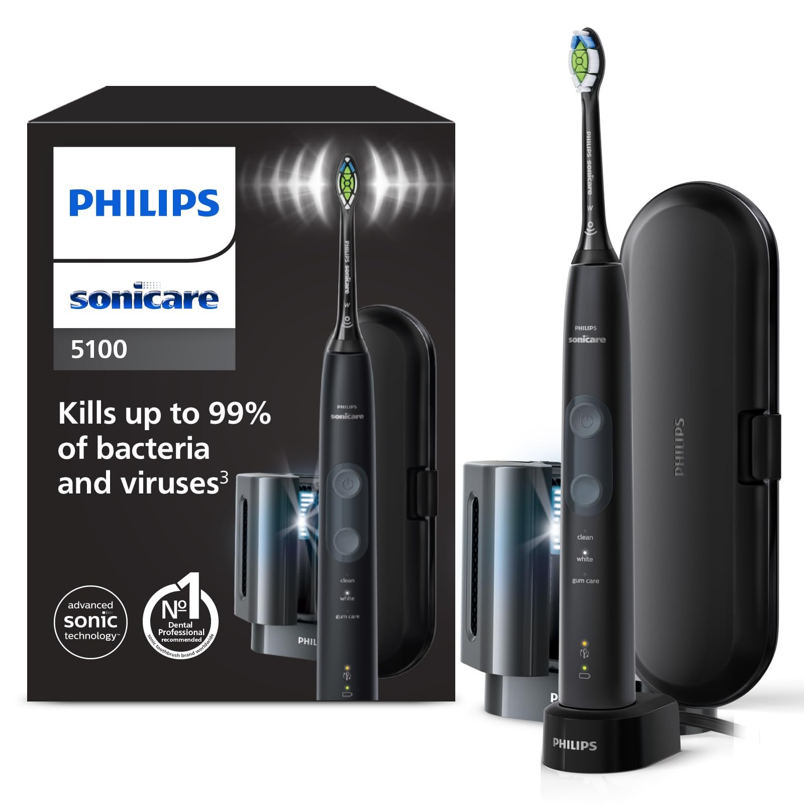 Зубная щетка электрическая Philips Sonicare ProtectiveClean 5100 HX6850/57, 3 режима, датчик давления, таймер, черный, с дорожным футляром и УФ-очистителем, фото №1