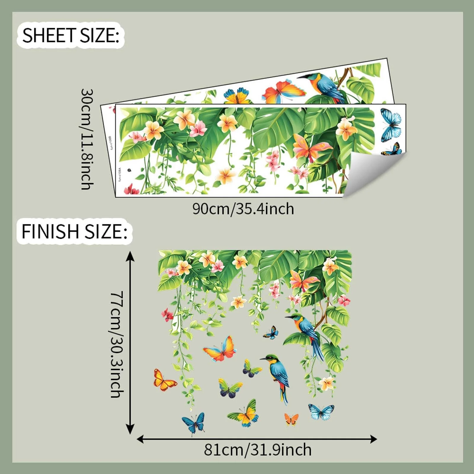 Настенная наклейка Листья и растения Зеленые тропические листья Цветы Птицы Бабочки, фото №7