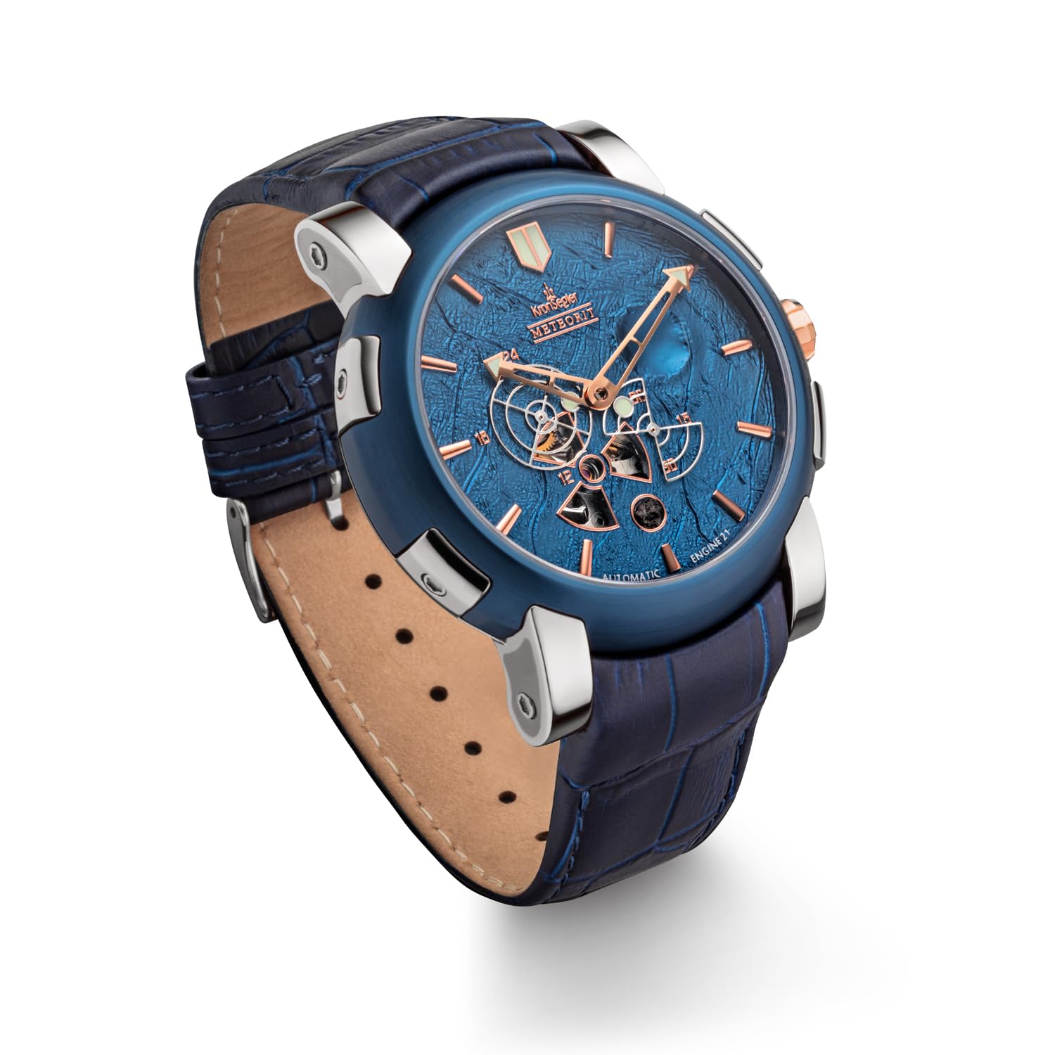 Чоловічий годинник Kronsegler Meteorite автоматичний з шкіряним ремінцем синій/синій обмежена серія з метеоритом, фото №2