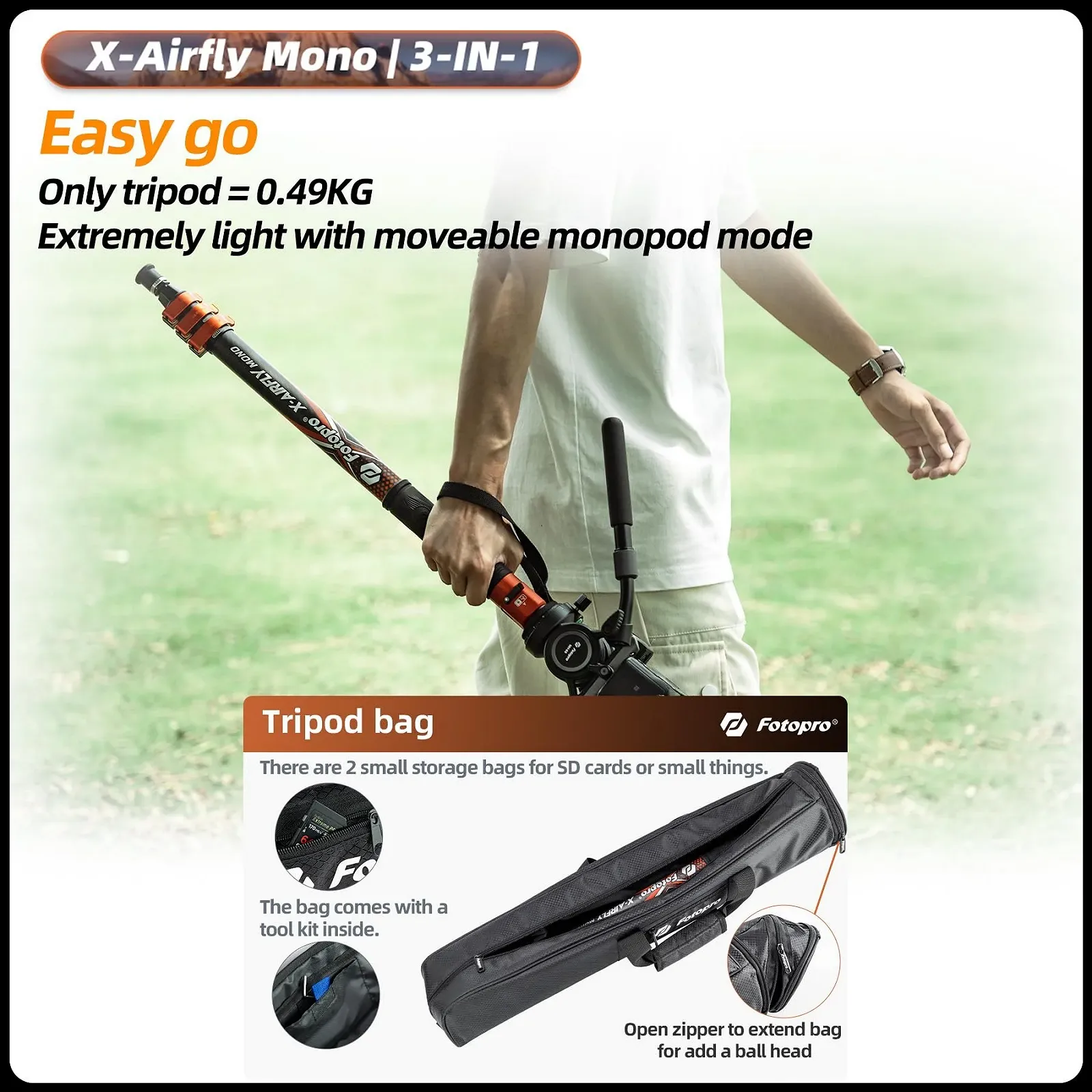 Монопод Fotopro X-Airfly Carbon Fiber з педаллю 186.5 см 3 в 1 навантаження 10 кг для DSLR та стабілізаторів, фото №6 Монопод Fotopro X-Airfly Carbon Fiber з педаллю 186.5 см 3 в 1 навантаження 10 кг для DSLR та стабілізаторів, фото №6