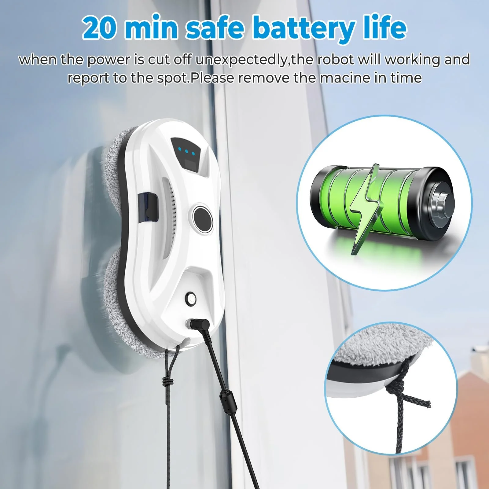 Робот для миття вікон UOEONR 5600Pa Автоматичний розпилювач води 3 режими очищення Система безпеки для всіх гладких поверхонь 10 серветок, фото №5