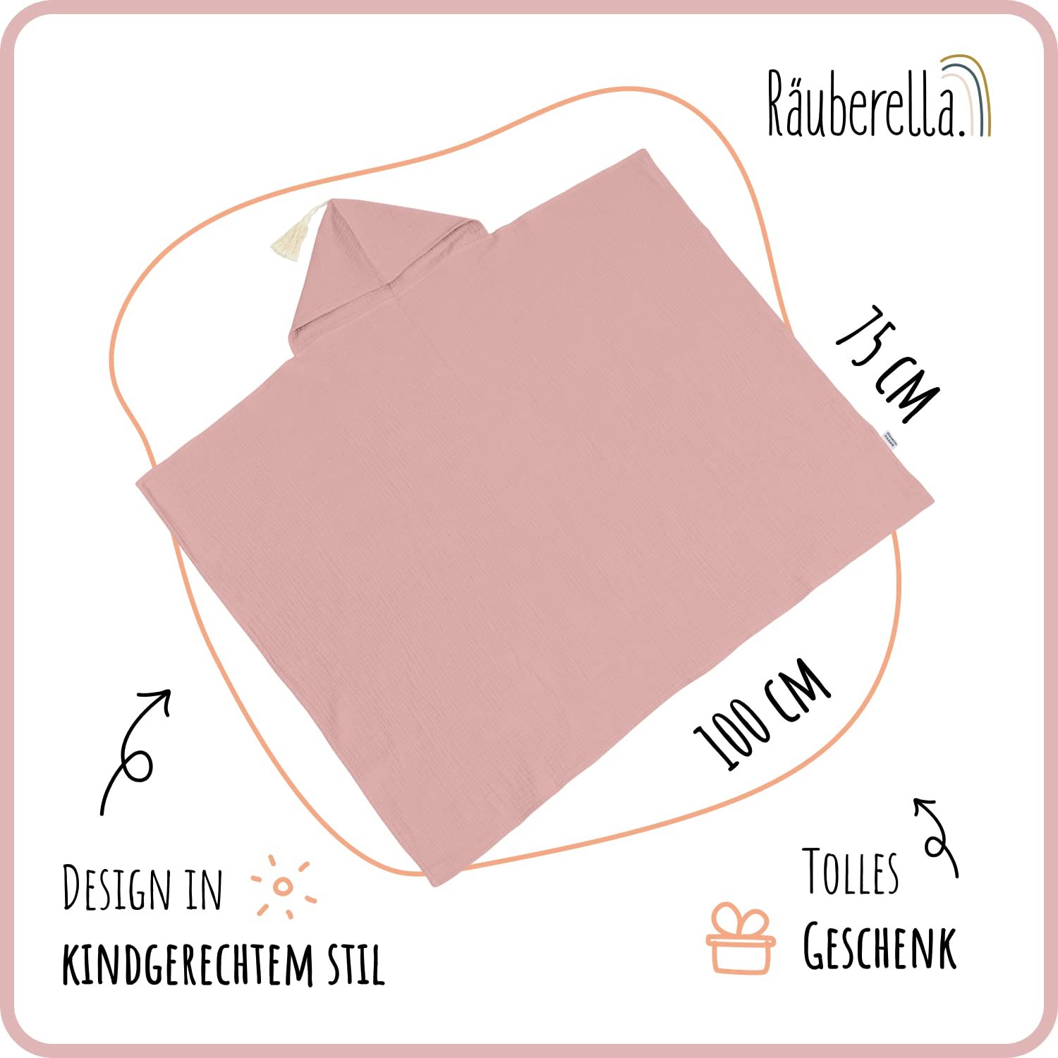 Рушник з капюшоном Räuberella® для малюка, 75 x 100 см, мусліновий рушник для ванни, виготовлений зі 100% органічної бавовни, абсорбуючий дитячий рушник з капюшоном, набір рушників для ванни, включаючи упаковку та картку, рожевий, фото №4