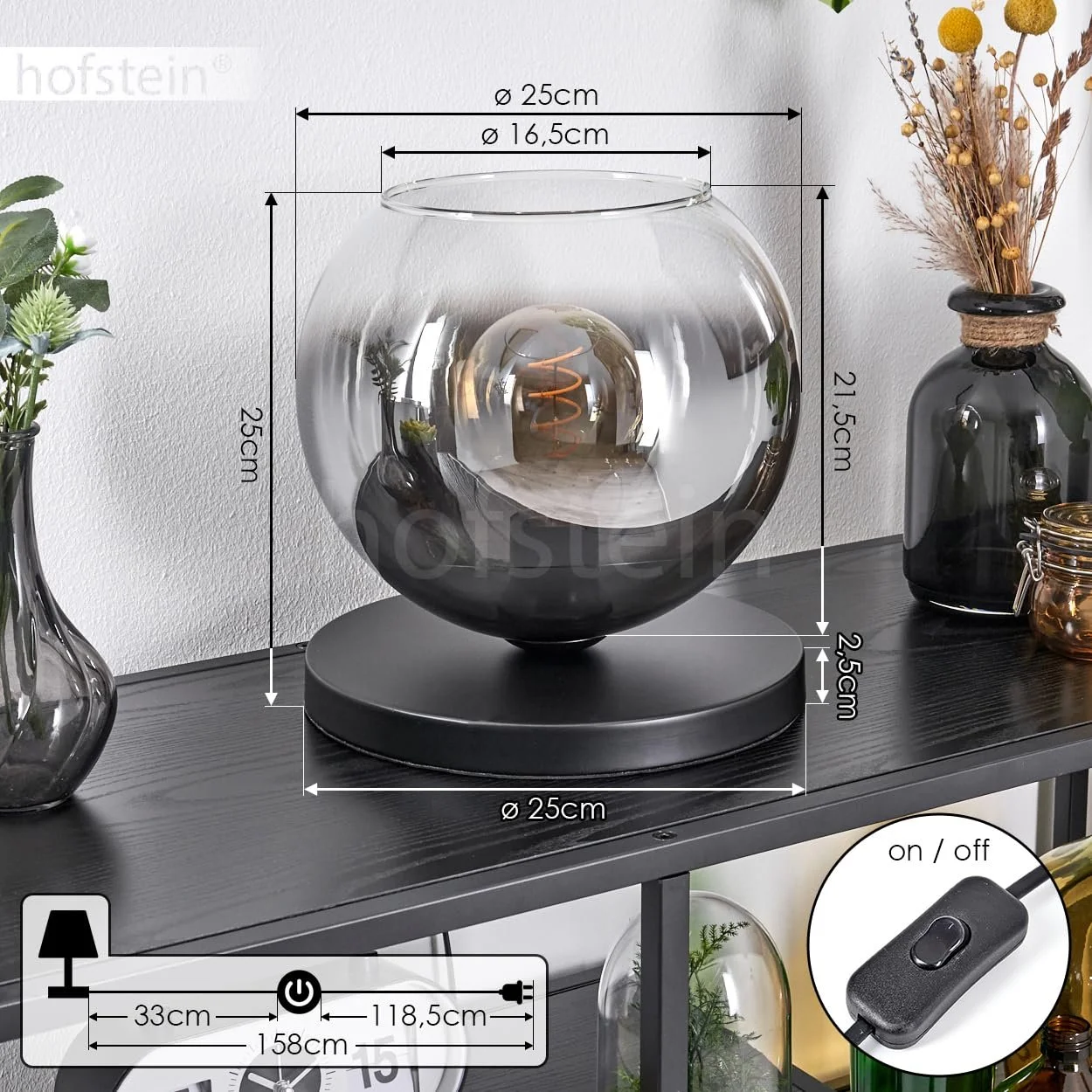 Настільна лампа Koyoto Метал/Скло 25 см E27 Чорний/Димчастий/Прозорий, фото №5