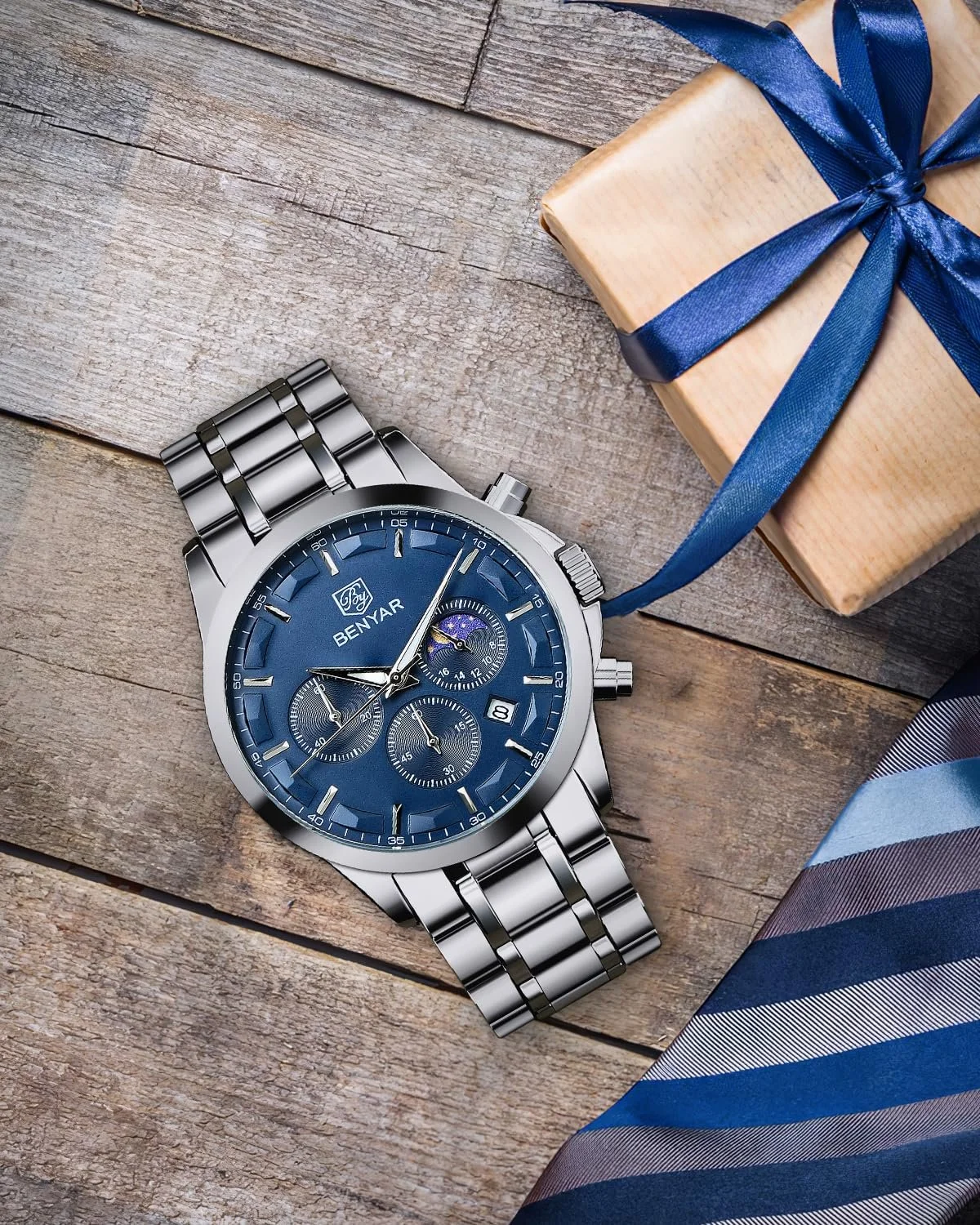 Чоловічий годинник Benyar Хронограф Водонепроникний Шкіряний ремінець / нержавіюча сталь, фото №6