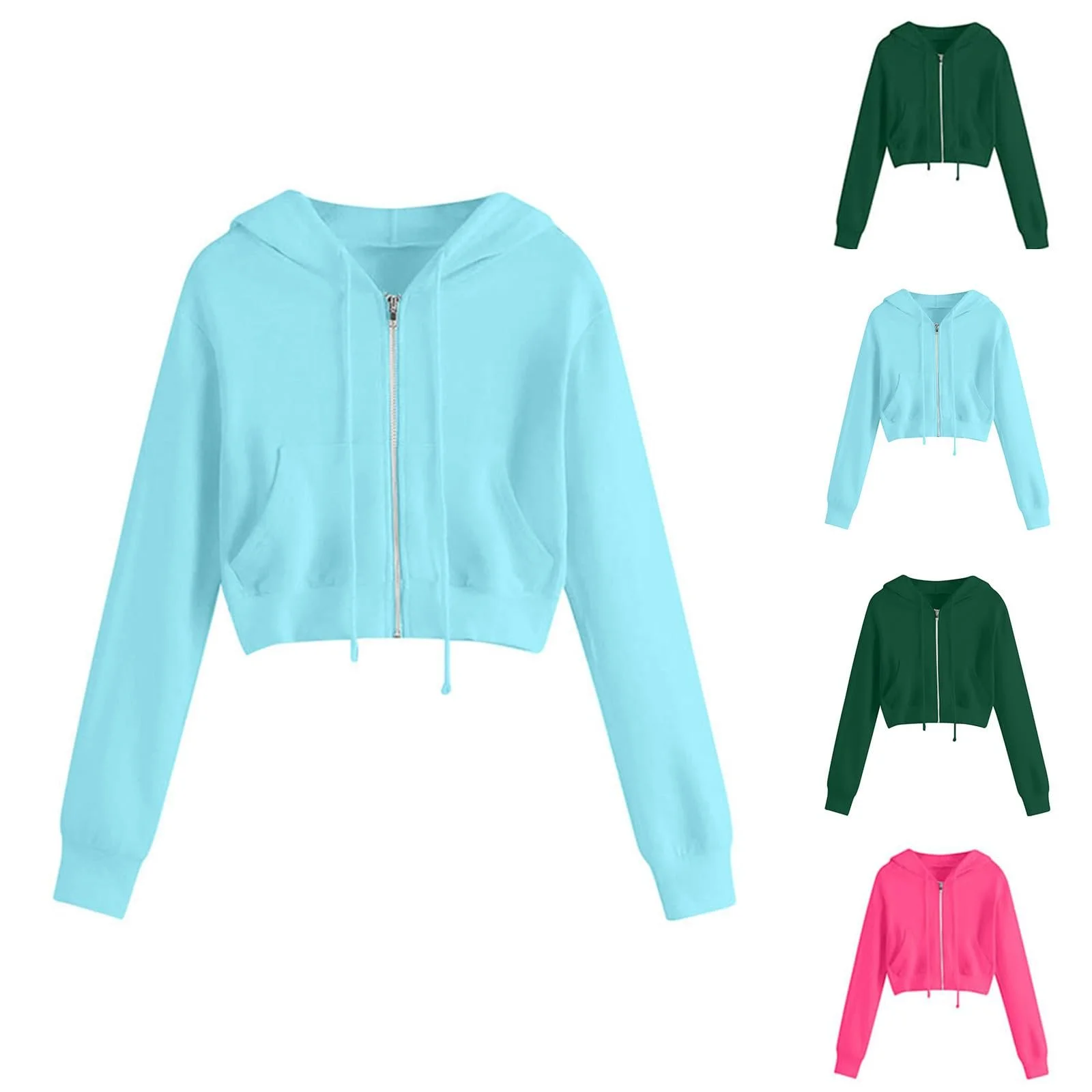 Укороченная Толстовка Женская Короткая на Молнии Худи Y2k с Капюшоном и Длинными Рукавами Однотонная Легкая Хлопковая Переходная Спортивная Рубашка (доступна в больших размерах), фото №2