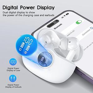 Навушники Bluetooth 5.3 Безпровідні Вкладиші з LED екраном 4 HD Мікрофони 50 годин Глибокий бас IP7 Білі synthetic.ua - Фото 1