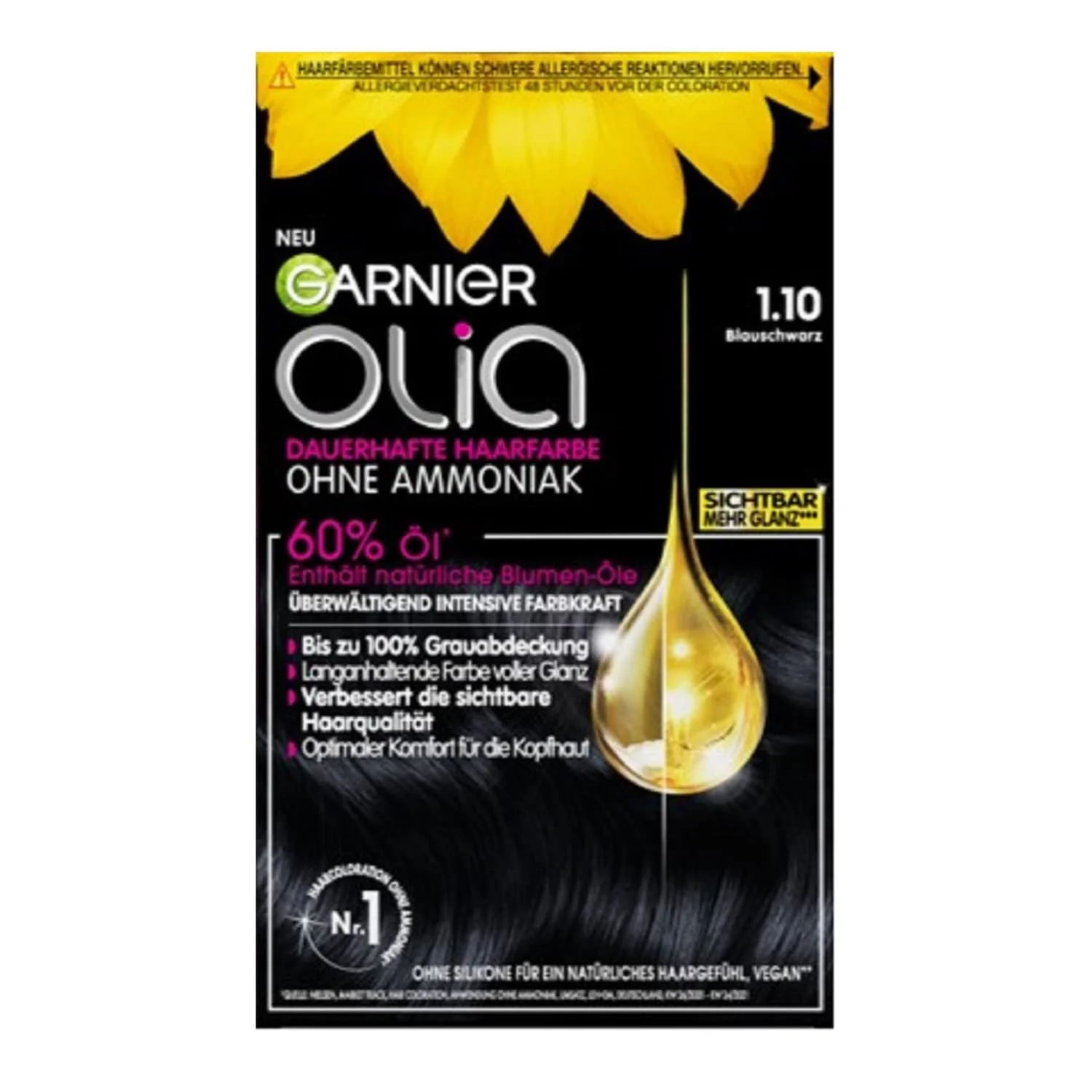 Стійка фарба для волосся Garnier Olia 1.10 Синьо-чорний без аміаку, фото №1 Стійка фарба для волосся Garnier Olia 1.10 Синьо-чорний без аміаку, фото №1