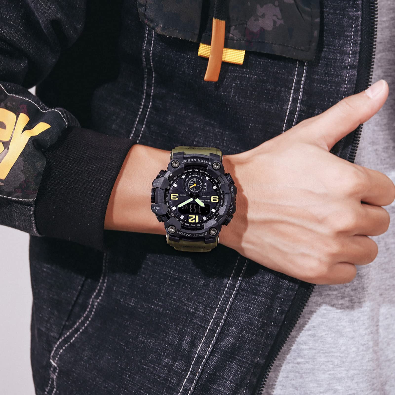 Часы Digital findtime Большие для мужчин и мальчиков 5ATM Водонепроницаемые Спортивные 12-24H Будильник Дата Секундомер Три часовых пояса Военные тактические, фото №3