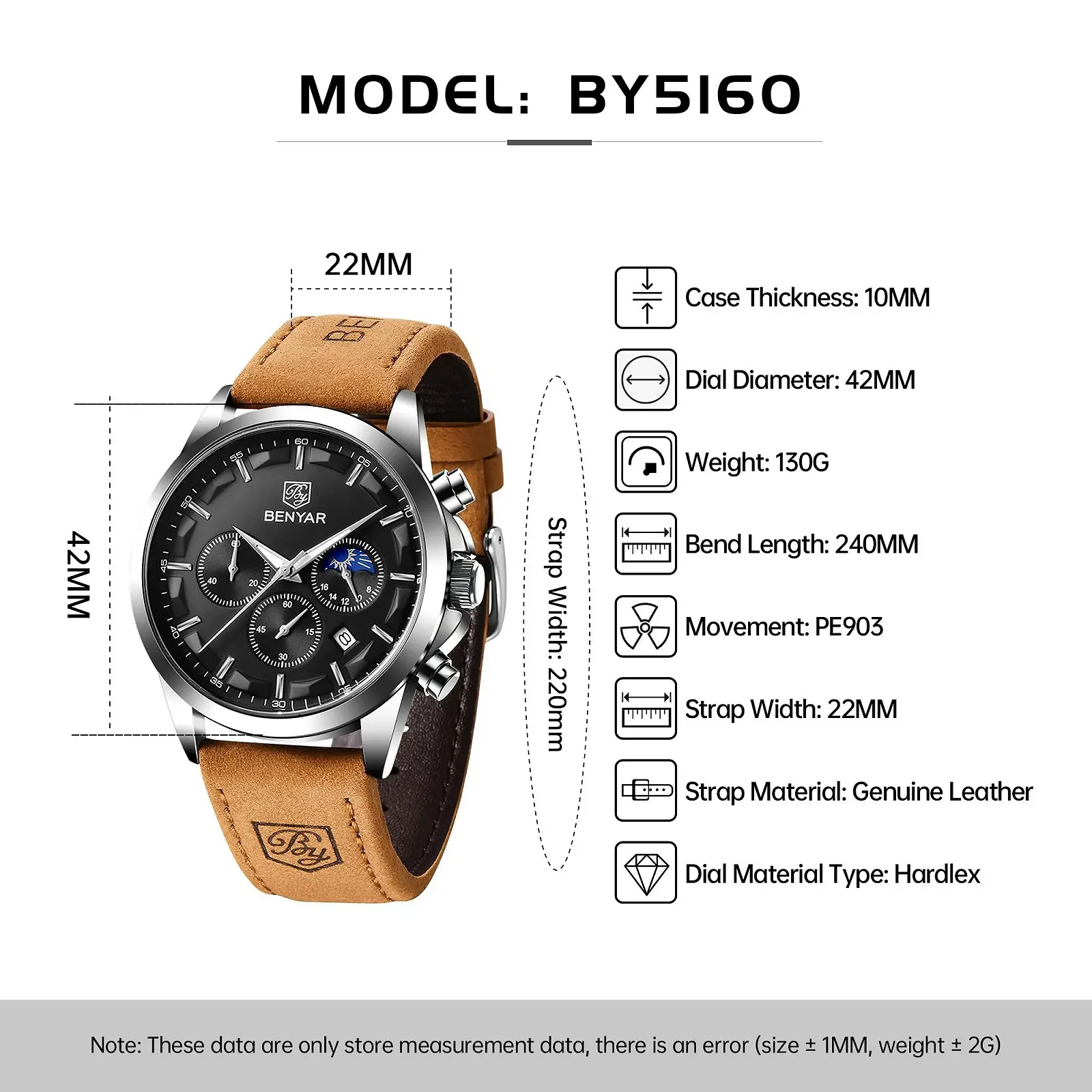 Чоловічий годинник Benyar Хронограф Аналоговий Кварцовий Чорний циферблат Шкіряний ремінець, фото №7