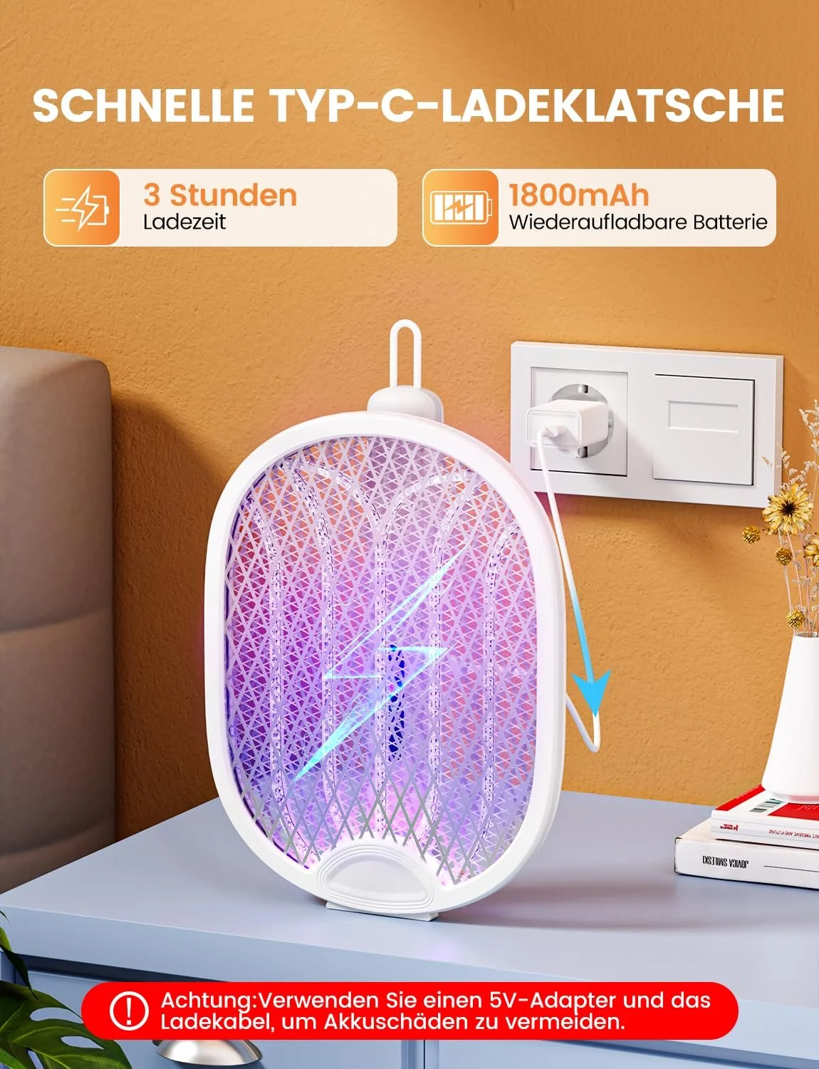 Мухобійка електрична 4000 V 1800 mAh 3-in-1 USB Type-C LED Foldable, фото №6