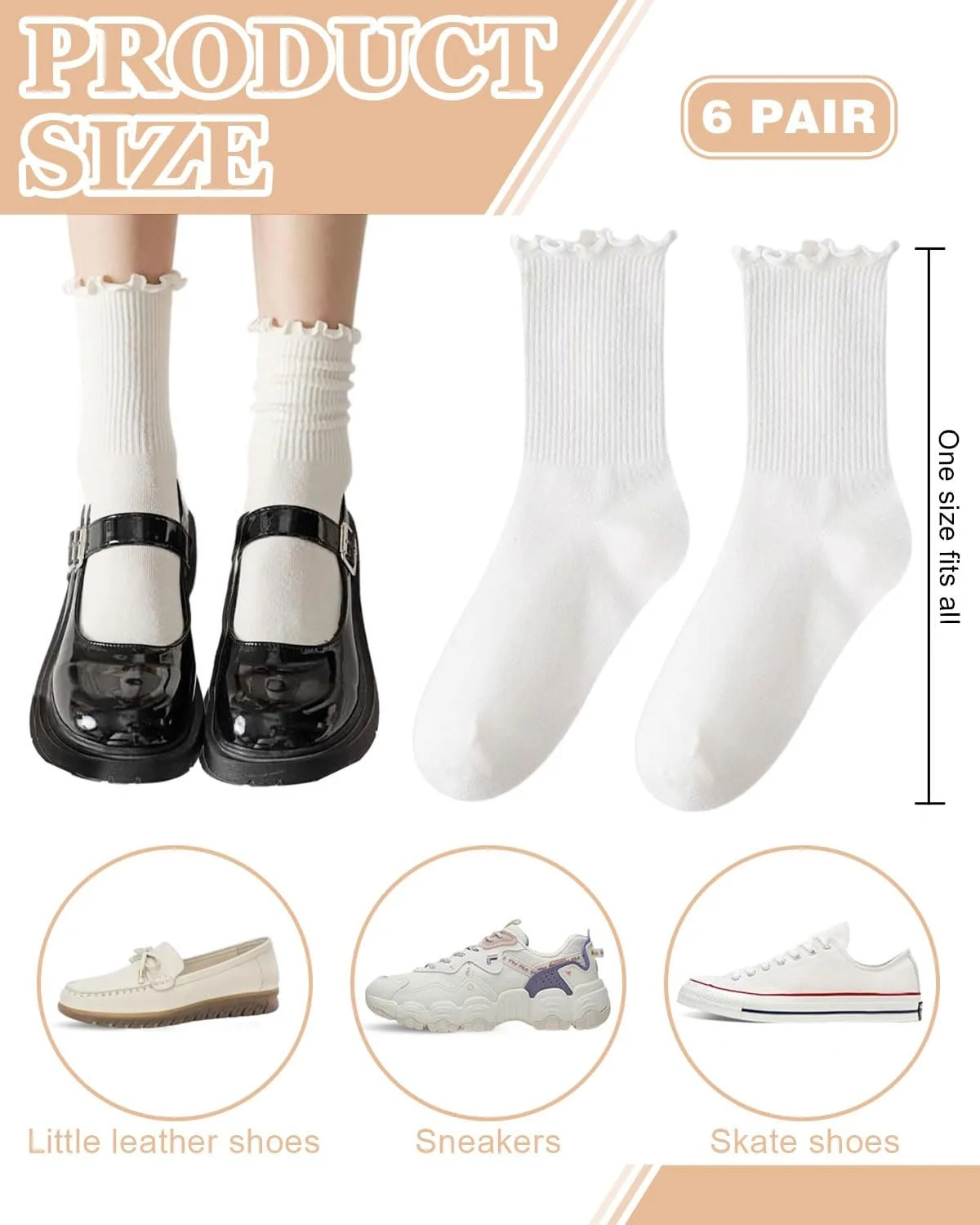 Носки с оборками (6 пар) Brand Без серии Model Хлопок Белые Размер 35-40, фото №2 Носки с оборками (6 пар) Brand Без серии Model Хлопок Белые Размер 35-40, фото №2