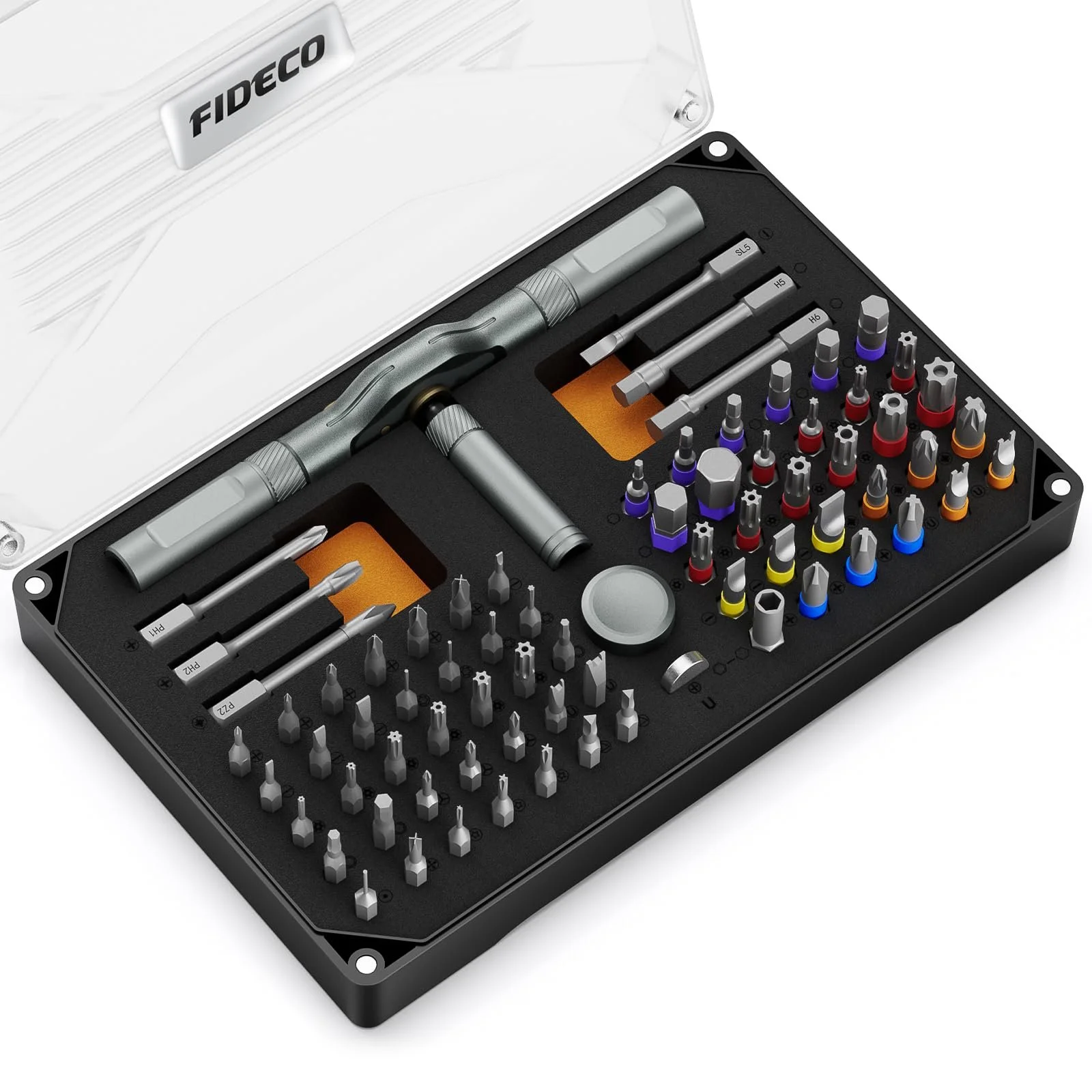 Набір викруток реверсивних магнітних FIDECO 74 в 1 зі сталі S2 з кейсом, фото №1