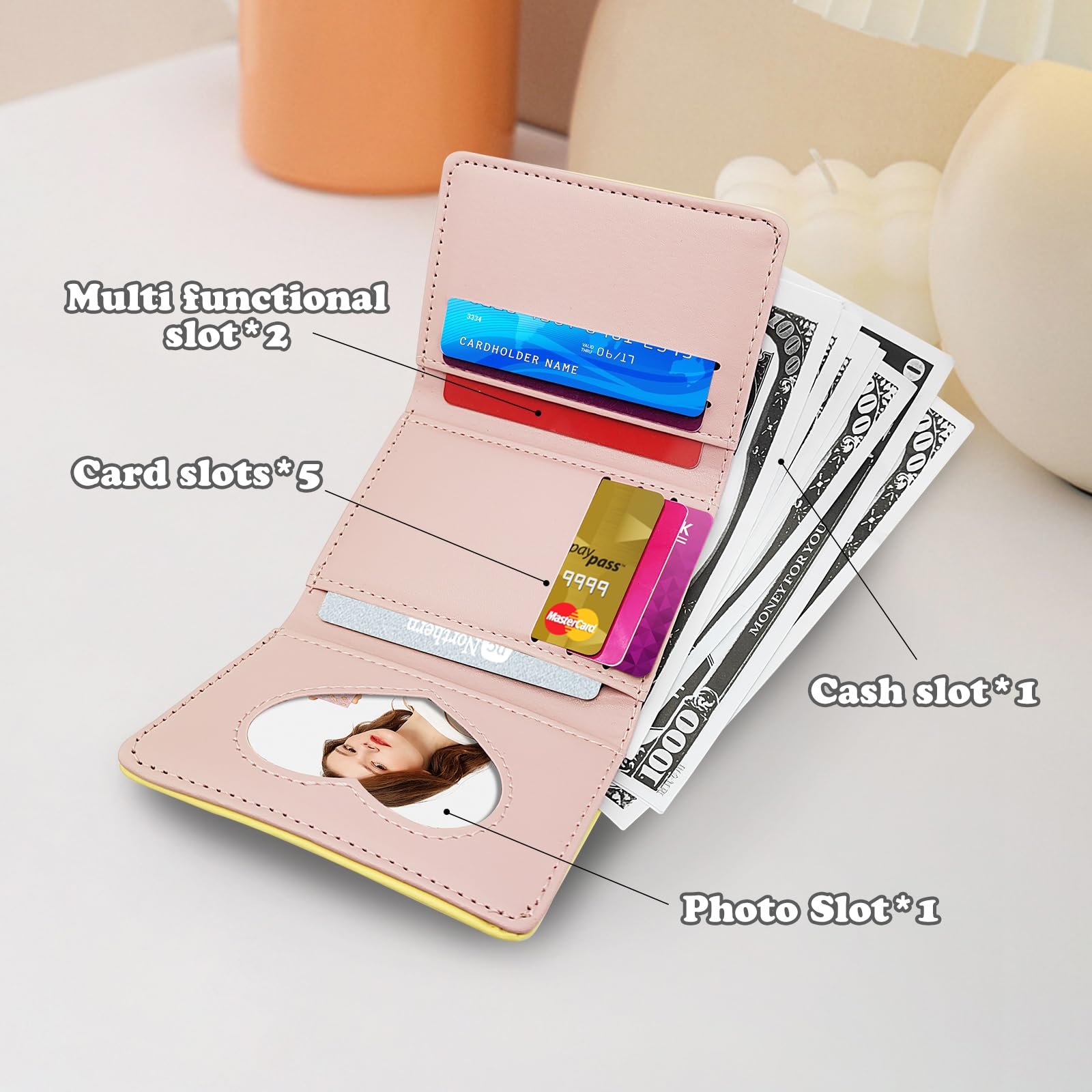 Кошелек Trifold AfitLulu с цветочной пряжкой и окошком для ID в форме сердца, короткий кошелек, компактный кошелек, кошелек из искусственной кожи с 7 отделениями для карт, черный, повседневный, фото №4