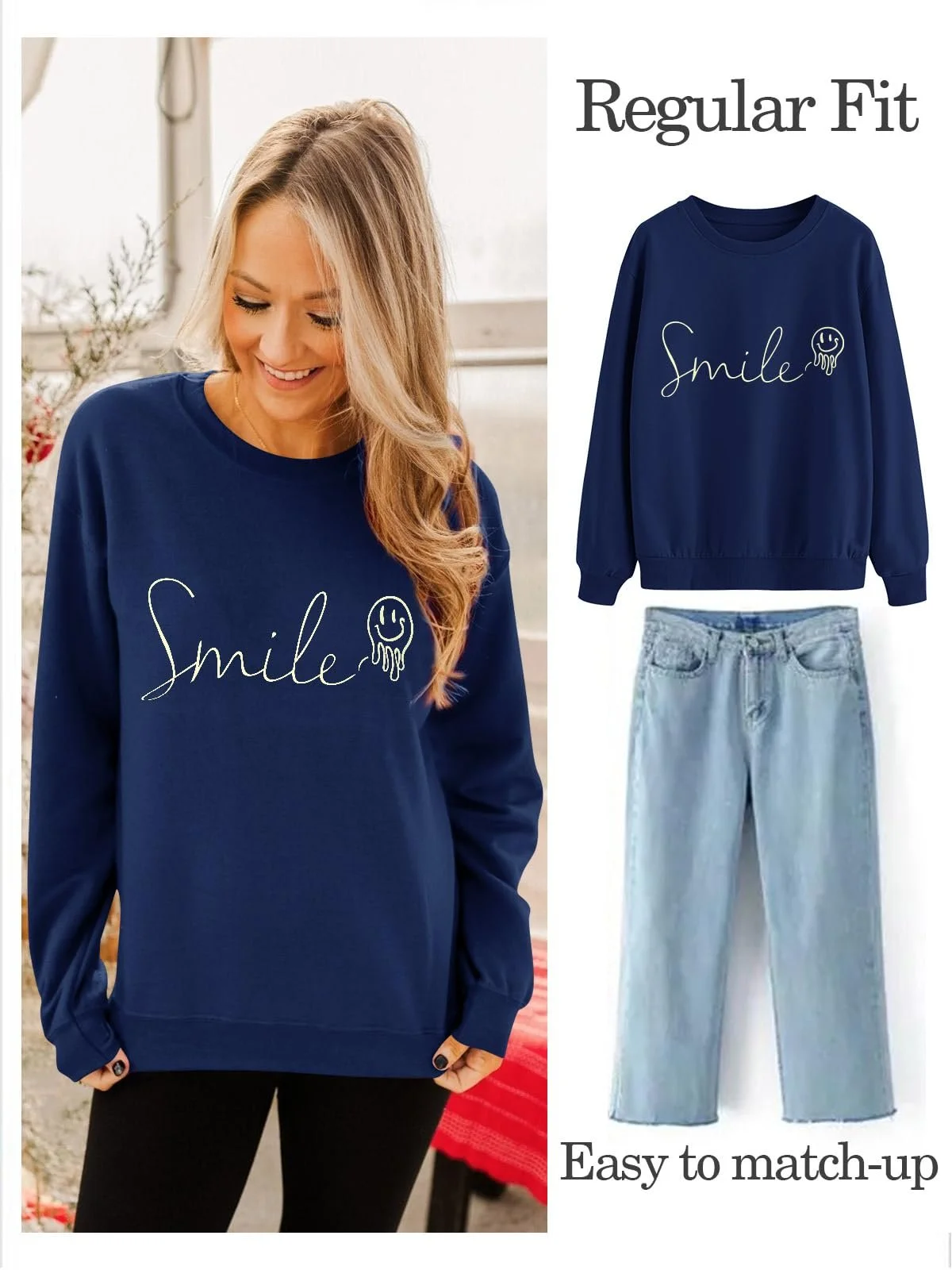 Женская Толстовка WIEIYM Smile Хлопковая Графическая С круглым вырезом Свитшот Смешная С длинными рукавами Базовая Кофта для Весны Осени Зимы, фото №2