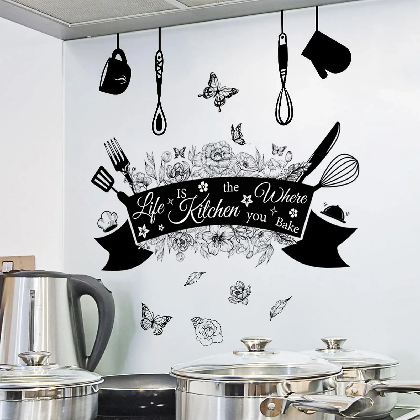 Наклейка на стіну Кухонна Столові прибори Метелики Квіти Чорний, M1, фото №4