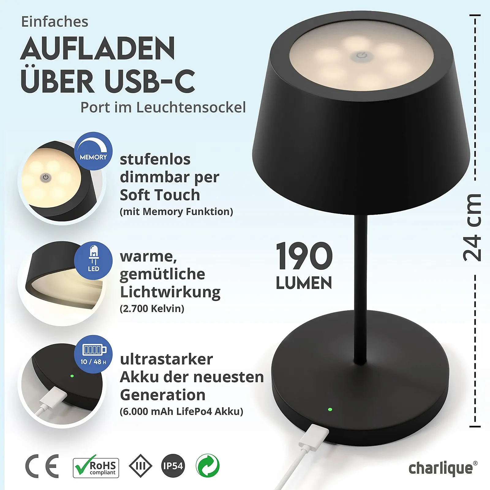 Настільна лампа charlique Dinner Light LED 24 см Акумуляторна USB IP54 Чорна, фото №4