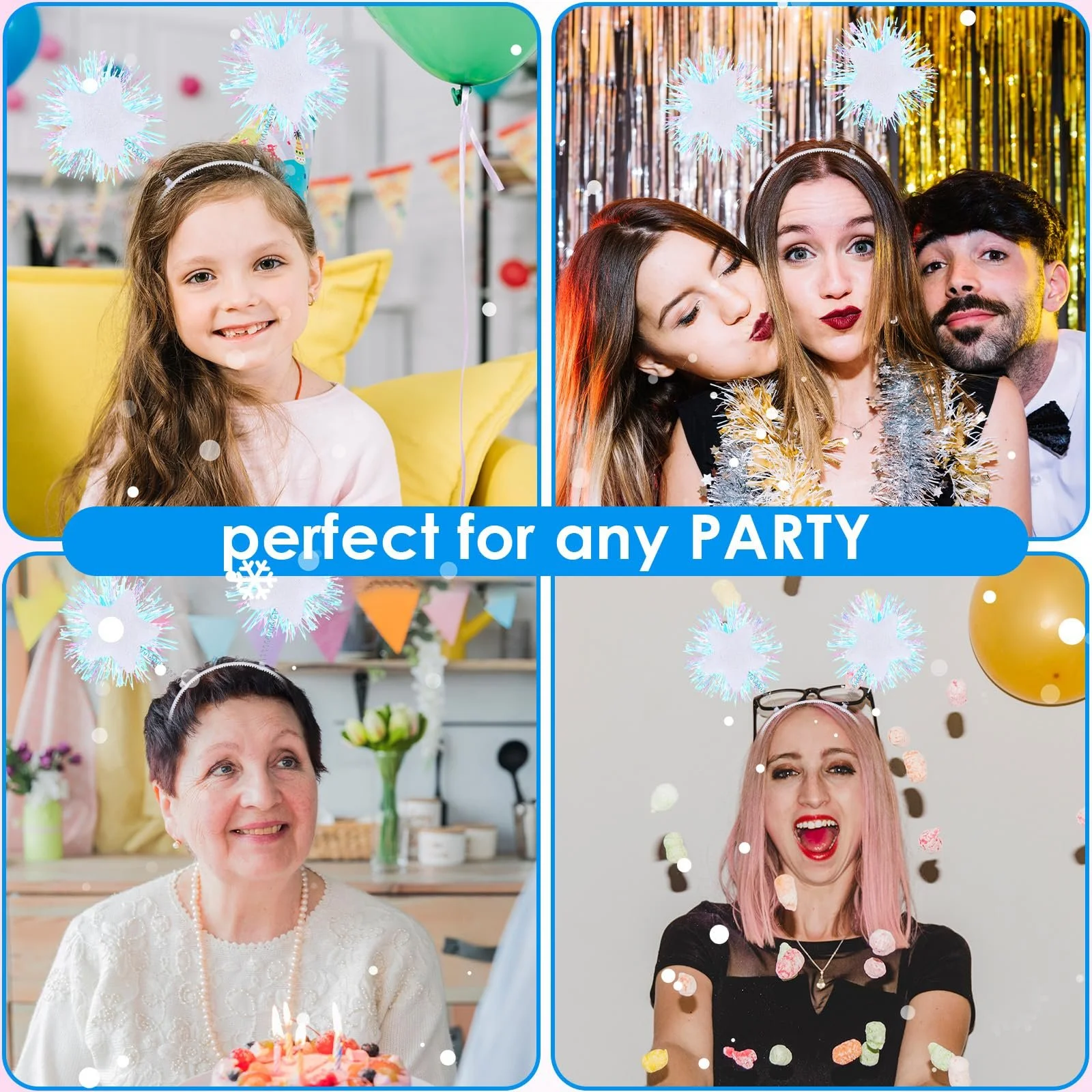 Обруч для волосся з фольгованими смужками, помпоном і блискучими зірками, білий, фото №8