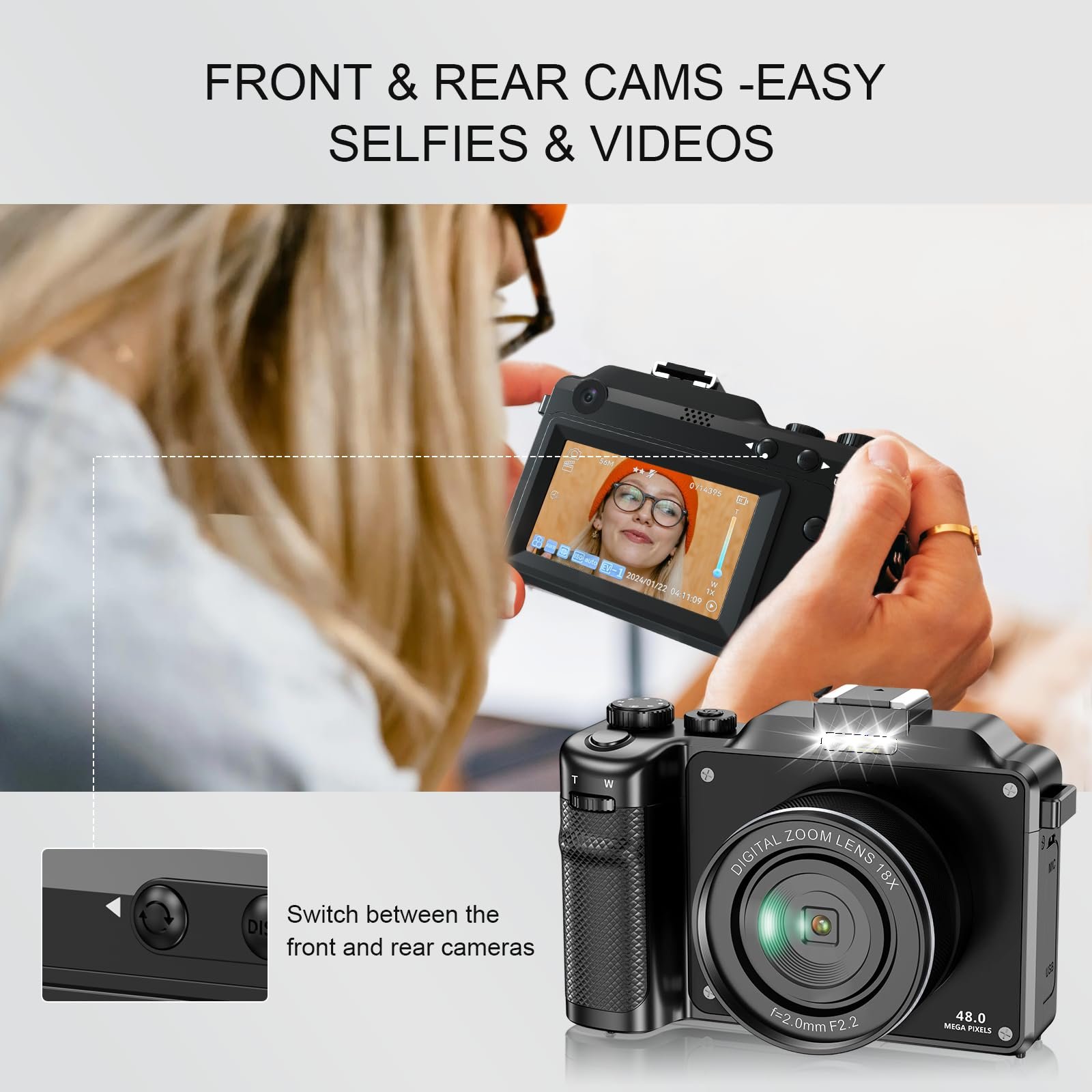 Цифровая камера 5K 64MP с WiFi, карта 64GB, автофокус, 3-дюймовый LCD-экран для селфи, компактная камера для видеоблогов на YouTube, широкоугольный и макрообъектив для начинающих и взрослых, фото №3