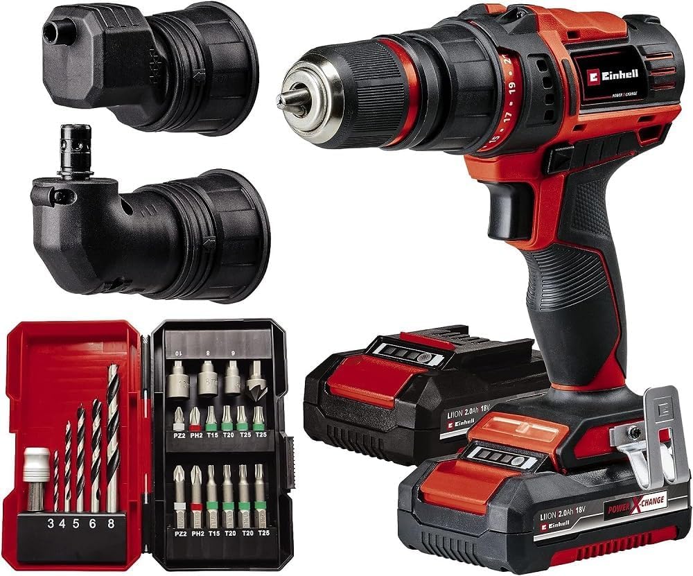 Аккумуляторная дрель Einhell TE-CD 18/45 3X-Li+22 Power X-Change (18 В, 45 Нм, угловая насадка, эксцентриковая насадка, набор из 22 бит, 2 x 2.0 А·ч аккумуляторы, зарядное устройство + E-Box), фото №1