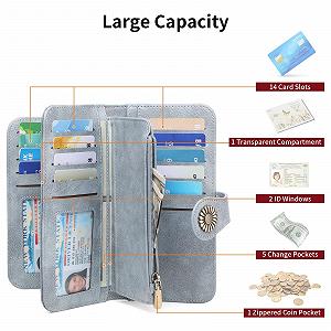 Кошелек SENDEFN Женский Большой Длинный Формат с RFID Защитой Кожаный с 14 Отделениями для Карт и Отделением на Молнии для Монет, светло-голубой, на Застежке synthetic.ua - Фото 1