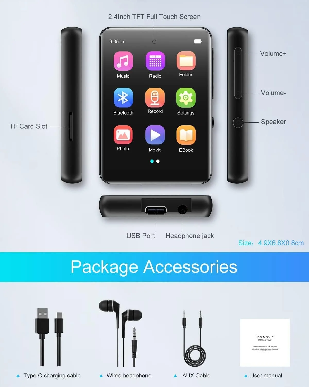 MP3-плеер 64 GB Bluetooth 5.3, HiFi Lossless Sound, с динамиком, диктофон, FM-радио, 2.4-дюймовый сенсорный экран, металлический корпус, поддержка до 128 GB, фото №7 MP3-плеер 64 GB Bluetooth 5.3, HiFi Lossless Sound, с динамиком, диктофон, FM-радио, 2.4-дюймовый сенсорный экран, металлический корпус, поддержка до 128 GB, фото №7