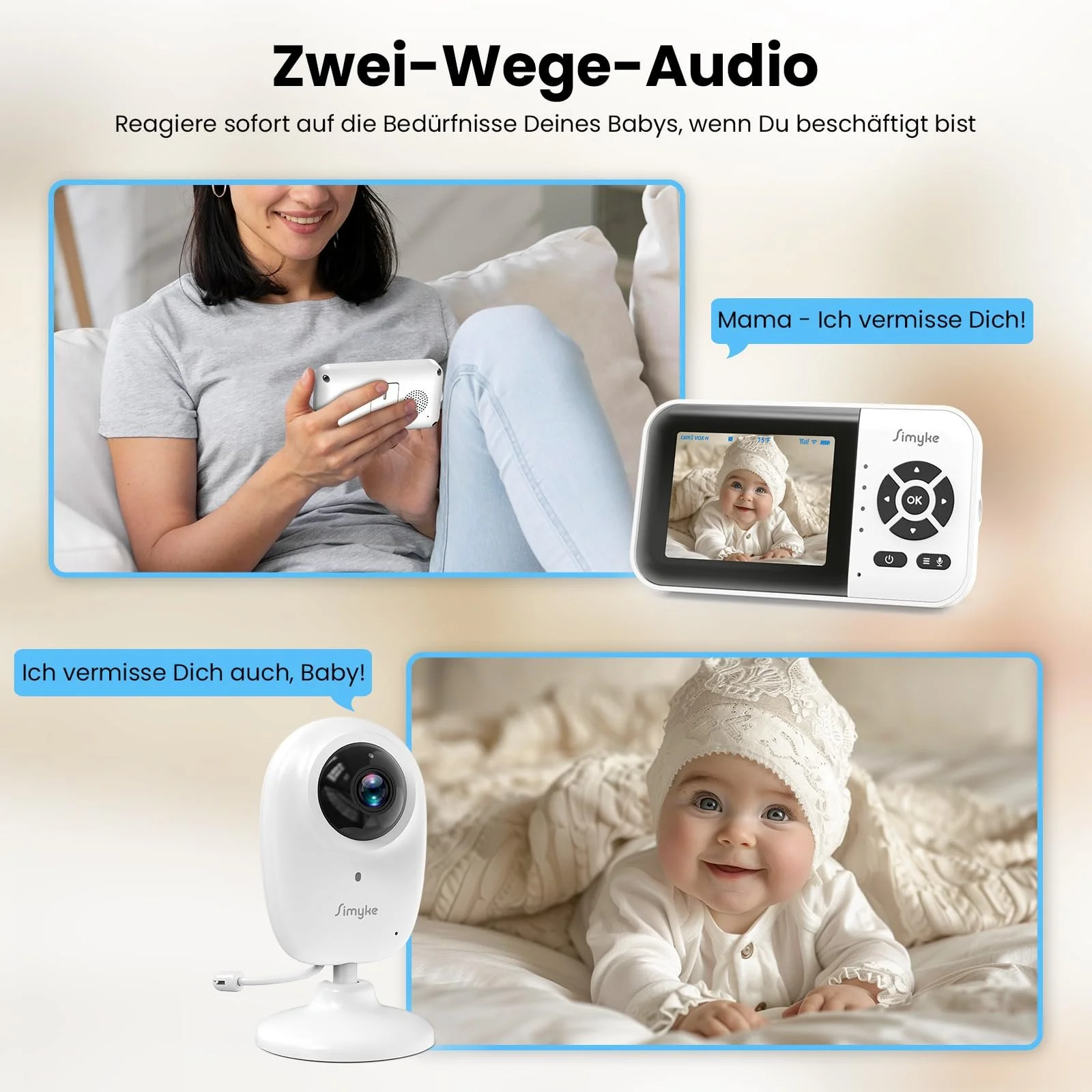 Видеоняня Simyke Smart BabyMonitor 1080p 2 камеры WiFi 2.4 GHz 300 м датчик температуры 2500 мАч, фото №8 Видеоняня Simyke Smart BabyMonitor 1080p 2 камеры WiFi 2.4 GHz 300 м датчик температуры 2500 мАч, фото №8