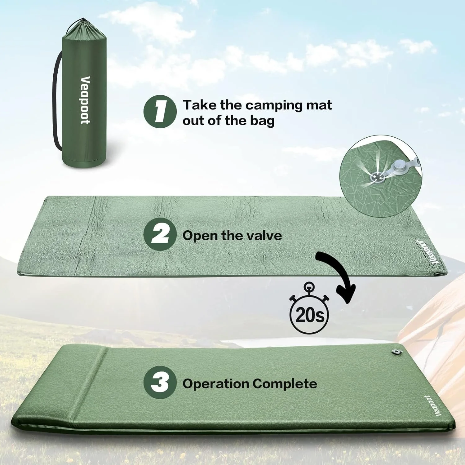 Кемпінговий мат Veapoot TTM004 194x67 см самонадувний  товщина 6 см максимум 300 кг Зелений, фото №4