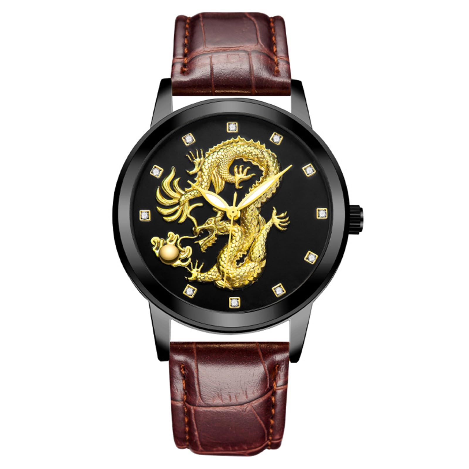 Часы JOATVEE Мужские Кожаный ремешок Золотой 3D Дракон Бриллиантовый циферблат Дизайнерские Кварцевые аналоговые, фото №1