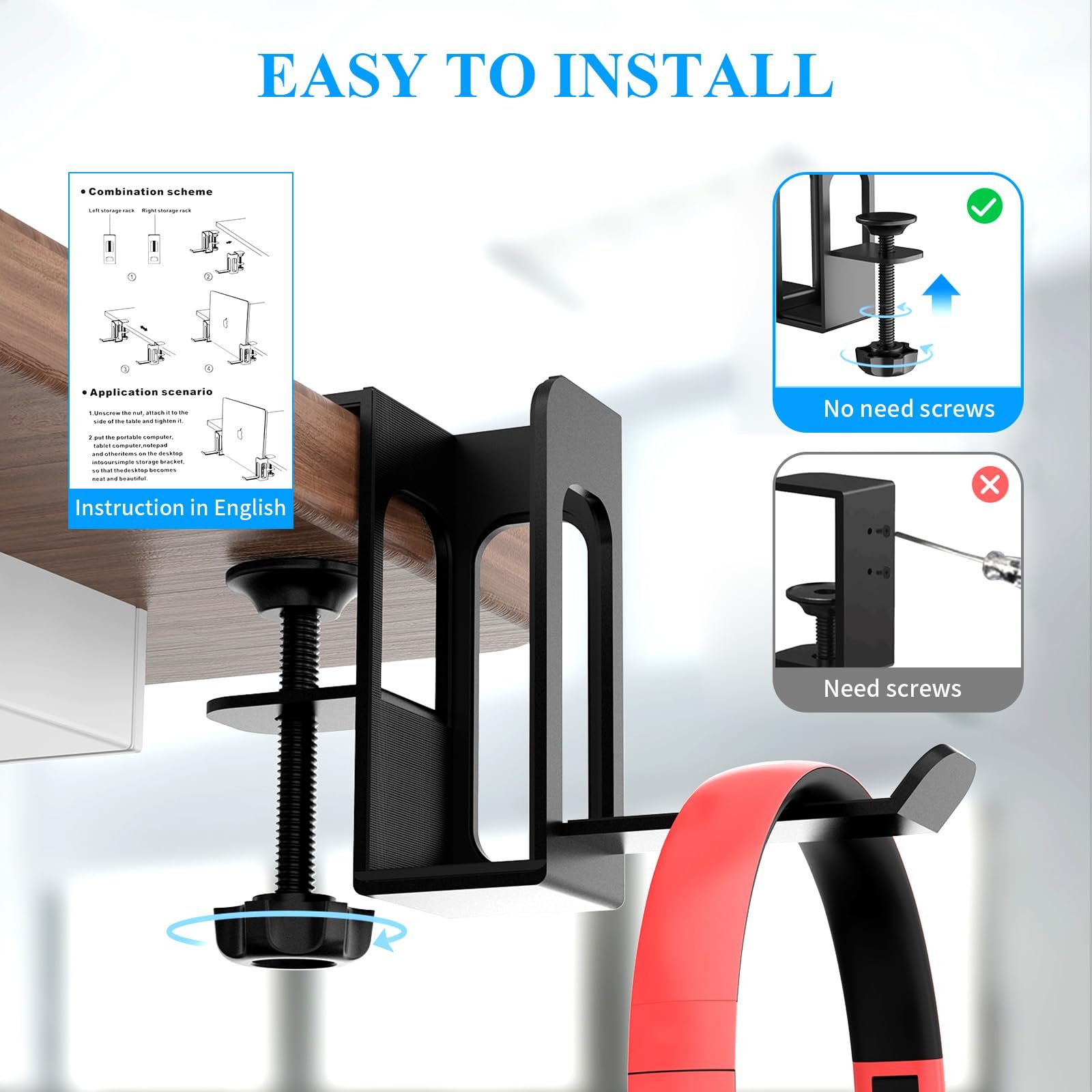 Органайзер для ноутбука на стол с боковым креплением (2 шт. в упаковке) Generic, металлический держатель для ноутбука, регулируемый, без сверления, черный, фото №4