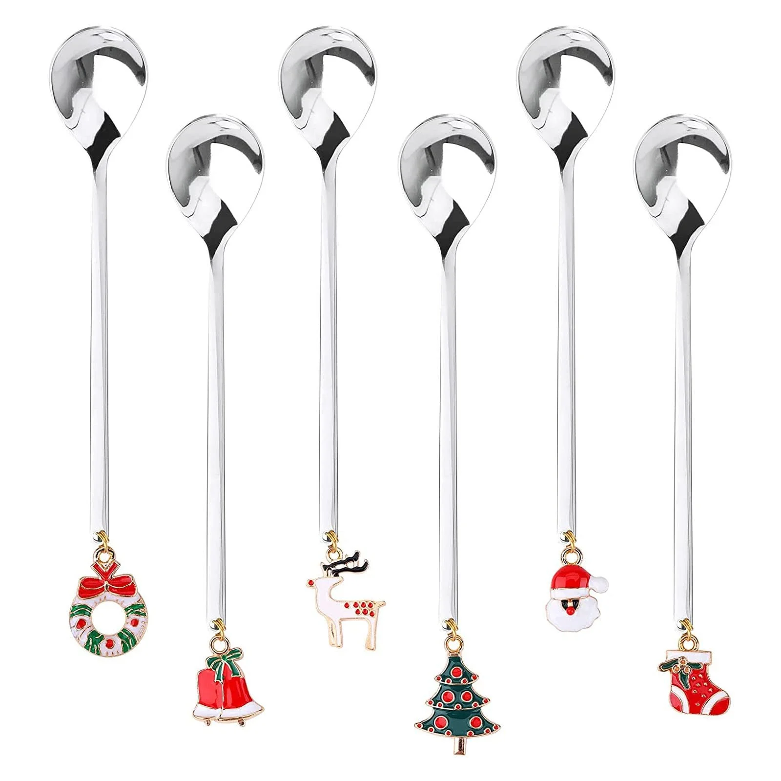 Ложки для кофе Рождественские, Набор 6 шт, Ложки для десерта, Ложки для смешивания, Чайные ложки, с Рождественским кулоном, Елка, Шляпа лося, Колокольчики для чая, Упаковка в подарочной коробке Серебряный, фото №1