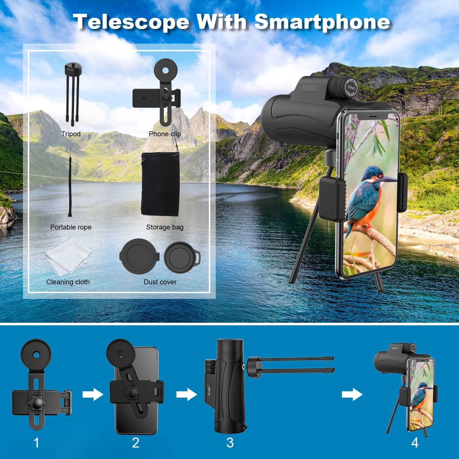 Монокль 10x42 з тримачем для смартфона та штативом для дорослих та дітей водонепроникний HD-BAK4 призма, фото №5 Монокль 10x42 з тримачем для смартфона та штативом для дорослих та дітей водонепроникний HD-BAK4 призма, фото №5