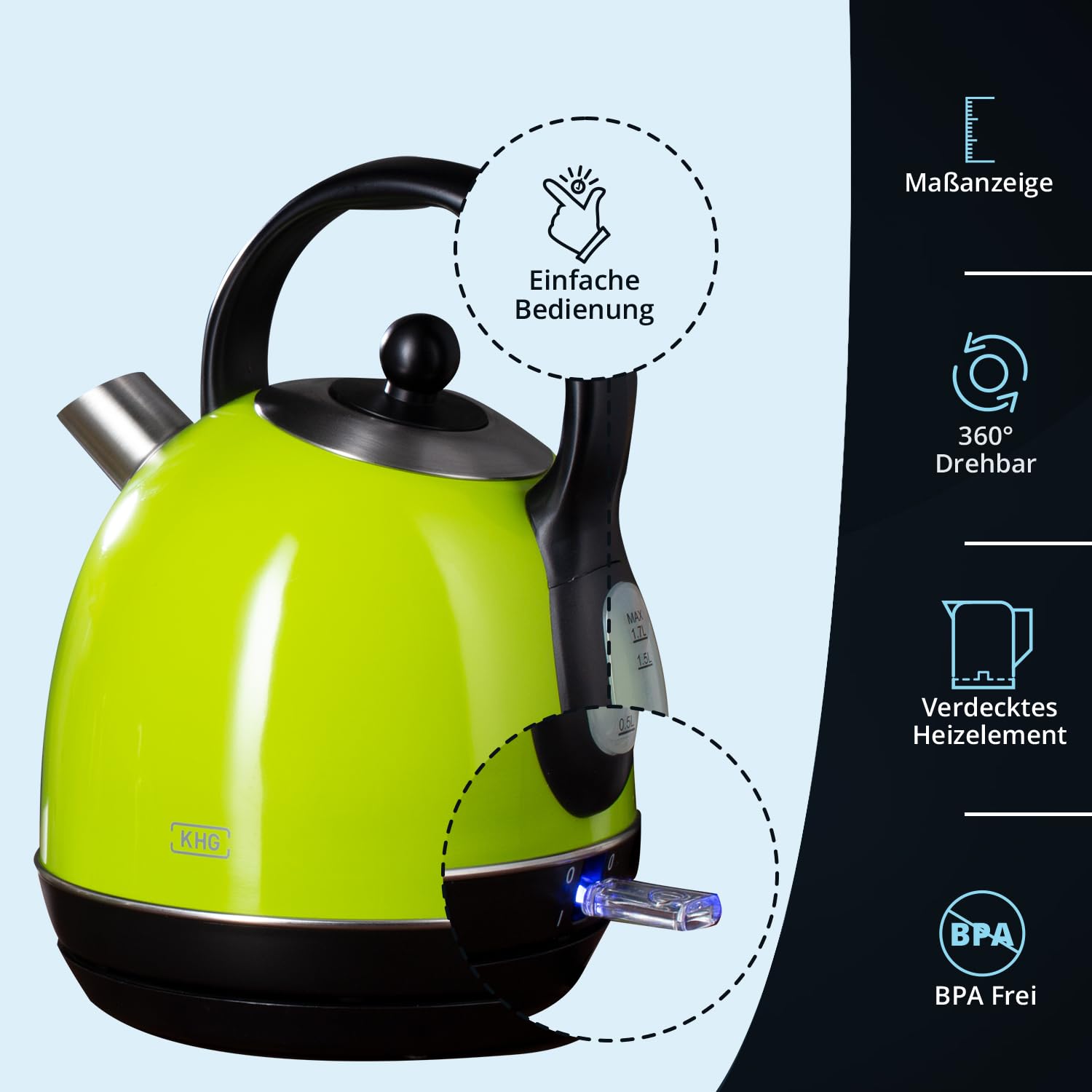 Електрочайник KHG WK-1711 Ретро Зелений Нержавіюча Сталь 1.7 Літра, фото №4