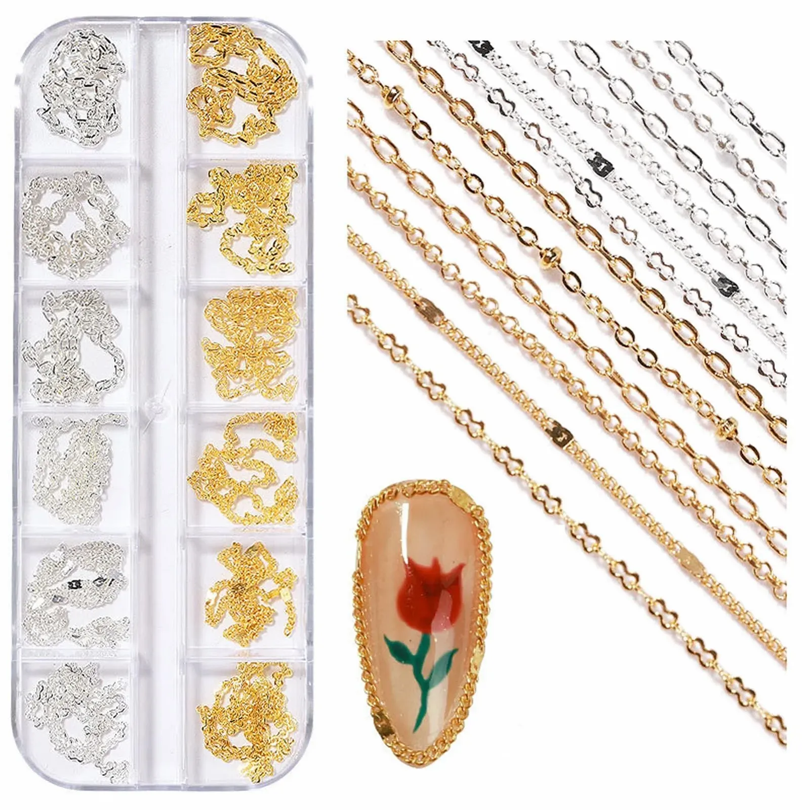 Ланцюжки для дизайну нігтів NICENEEDED 12 смужок Метал Срібло Золото, фото №1