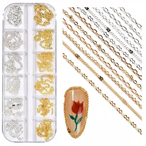 Цепочки для дизайна ногтей NICENEEDED 12 полосок Металл Серебро Золото - Фото 1