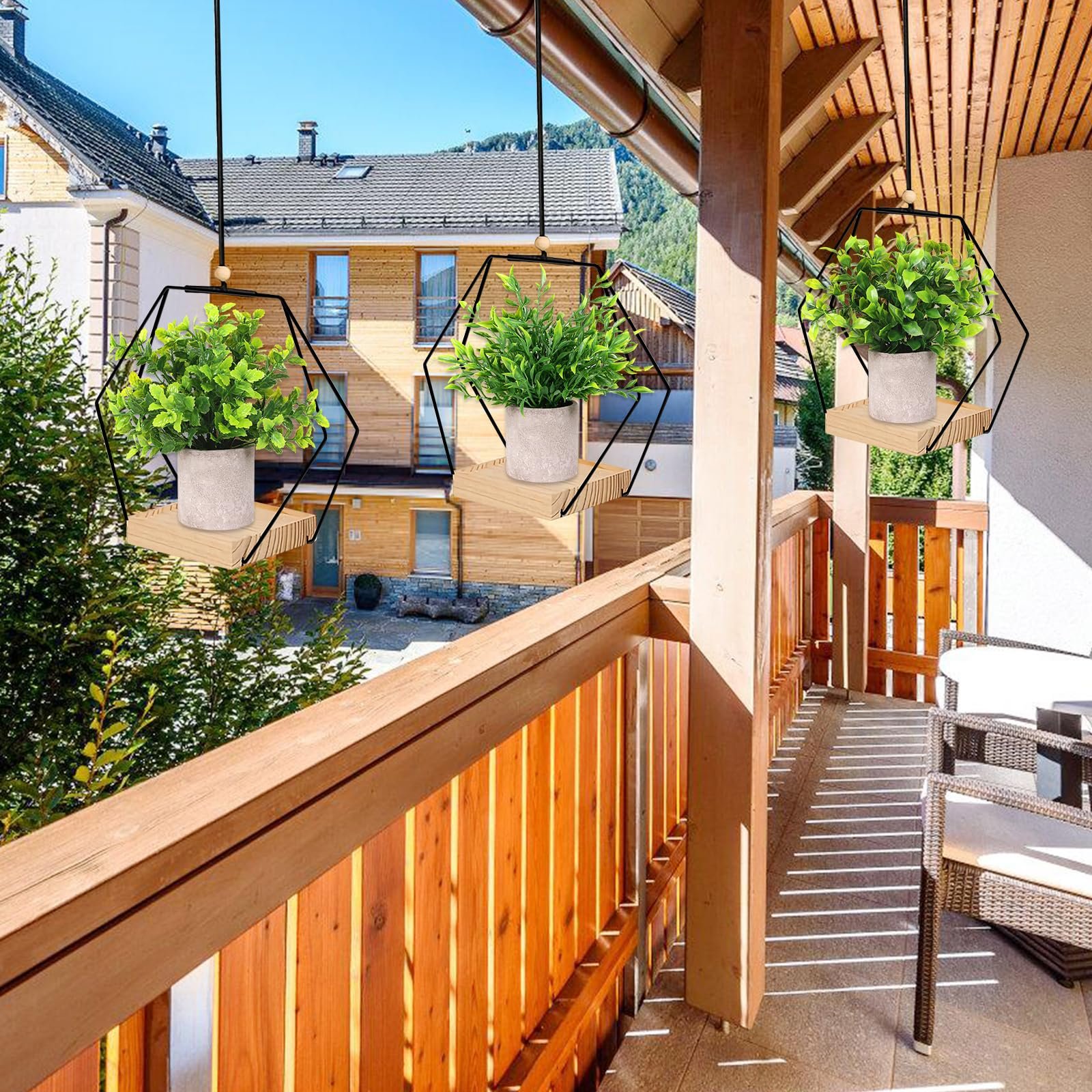 Підвісні кошики набір 3 шт. металеве кільце дерев'яна основа Бохо чорні, фото №7