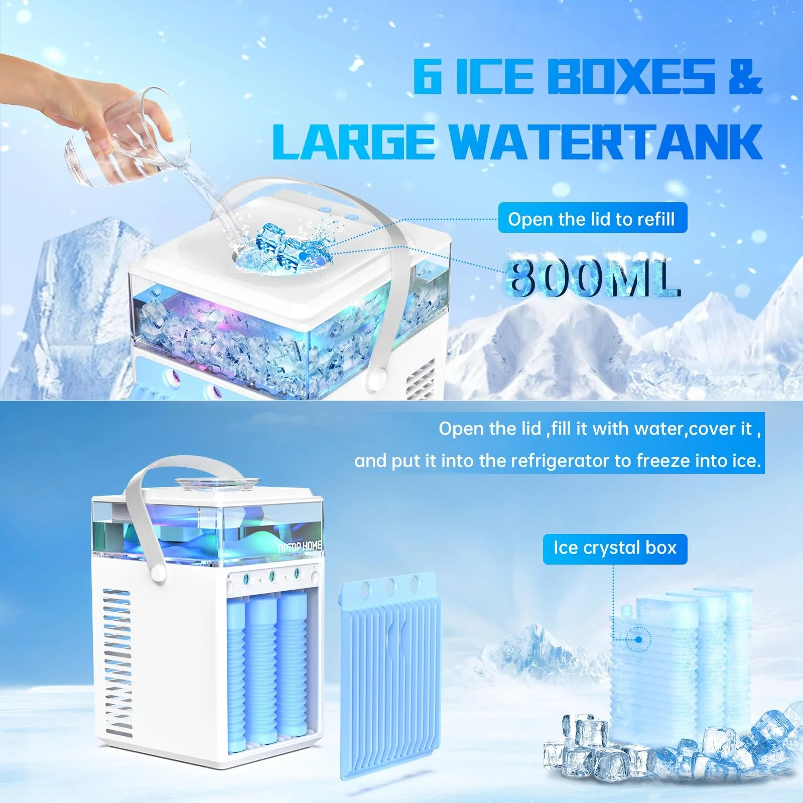 Мобильный кондиционер Мини 5-в-1 с управлением через приложение 600 мл резервуар для воды 3 скорости 3 режима тумана Портативный, фото №5