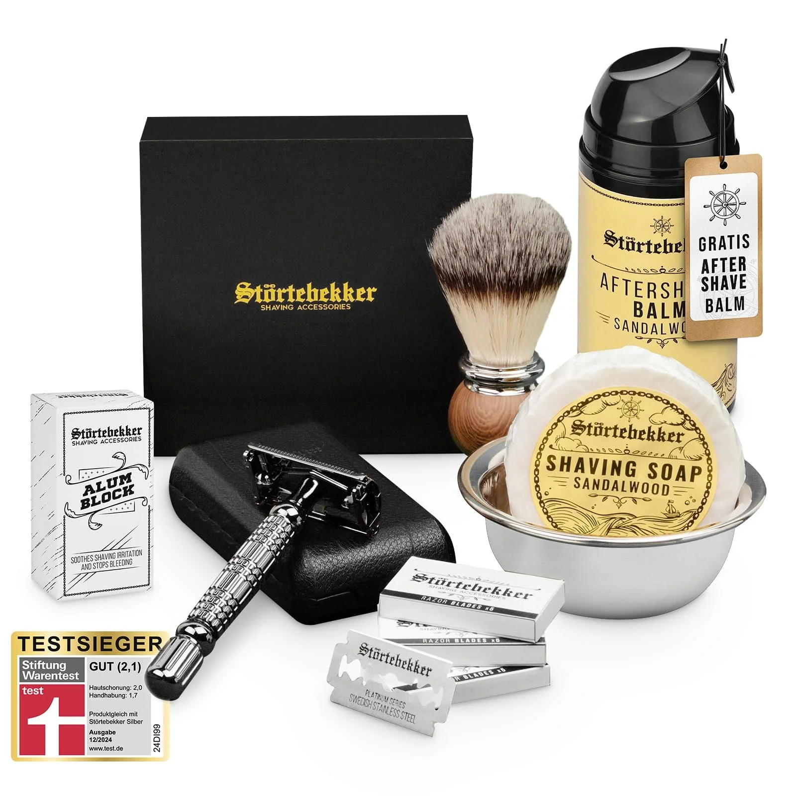 Набор для бритья Störtebekker Premium Essential Set (Т-образная бритва, кожаный чехол, 10 лезвий, помазок, мыло, чаша, бальзам, квасцы) Черный, фото №1