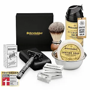 Набор для бритья Störtebekker Premium Essential Set (Т-образная бритва, кожаный чехол, 10 лезвий, помазок, мыло, чаша, бальзам, квасцы) Черный - Фото 1