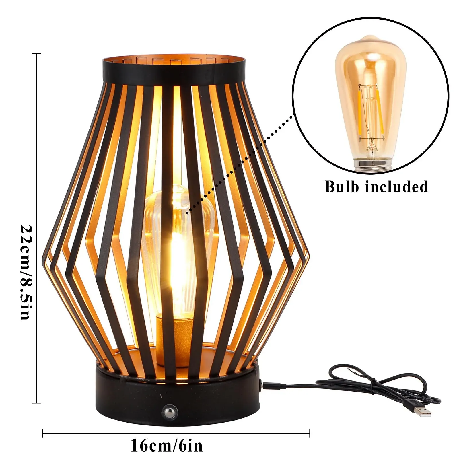 Настільна лампа JHY DESIGN приліжкова з регулюванням яскравості, висота 20 см, акумуляторна, металева клітка з LED лампою в стилі Едісона, бездротова, бронза, фото №2