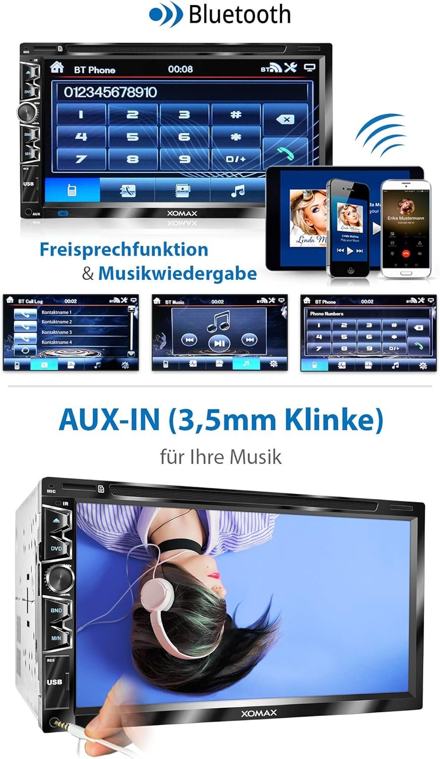 Автомагнітола XOMAX XM-2D6907 / 6.9" / Сенсорна / Bluetooth / USB / AUX / CD / DVD / SD slot / 2DIN, фото №3