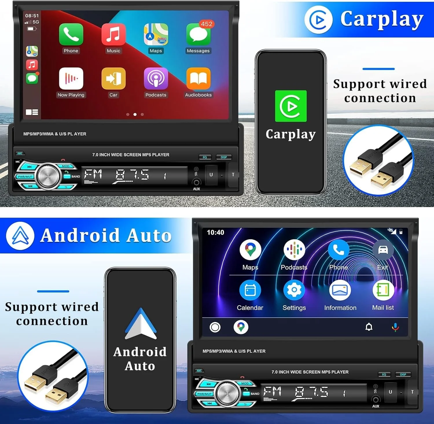 Автомагнітола CAMECHO Q3516A3 / 7" / Сенсорна / Apple CarPlay / Android Auto / Bluetooth / WI-FI / USB / AUX / SD slot / 1DIN, фото №2 Автомагнітола CAMECHO Q3516A3 / 7" / Сенсорна / Apple CarPlay / Android Auto / Bluetooth / WI-FI / USB / AUX / SD slot / 1DIN, фото №2