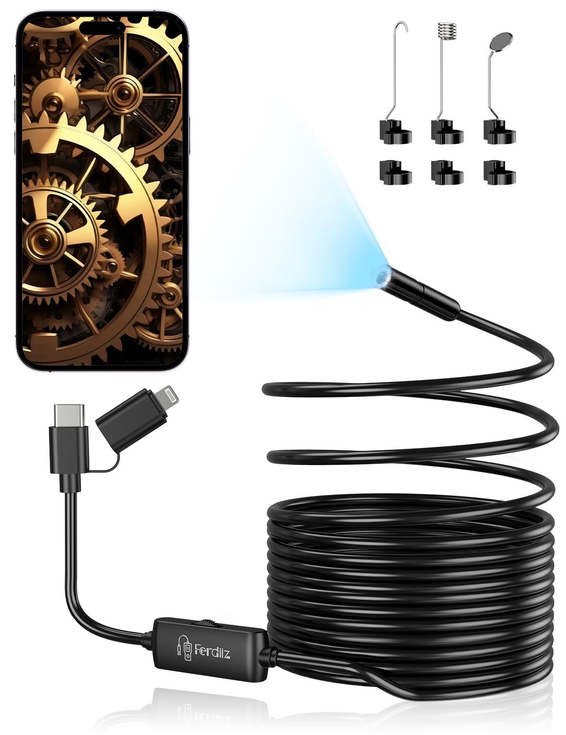 Ендоскоп Напівтвердий зміїний Ferdiiz 1920P HD, 5.0 м, з 8 регульованими LED-ліхтарями, водонепроникний IP67, фото №1