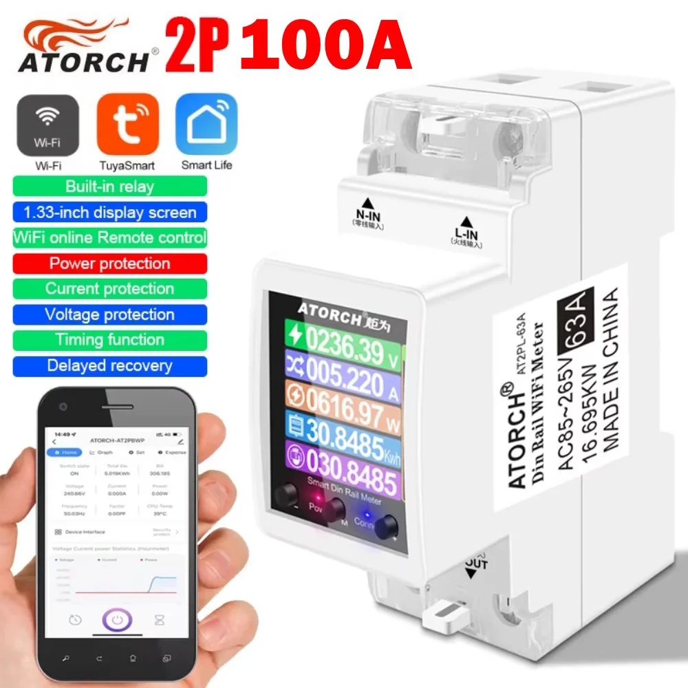 Умный Wi-Fi, автоматический выключатель, ATORCH 2P 100A Tuya WIFI, счетчик электроэнергии КВтч, измерение мощности, таймер, фото №2