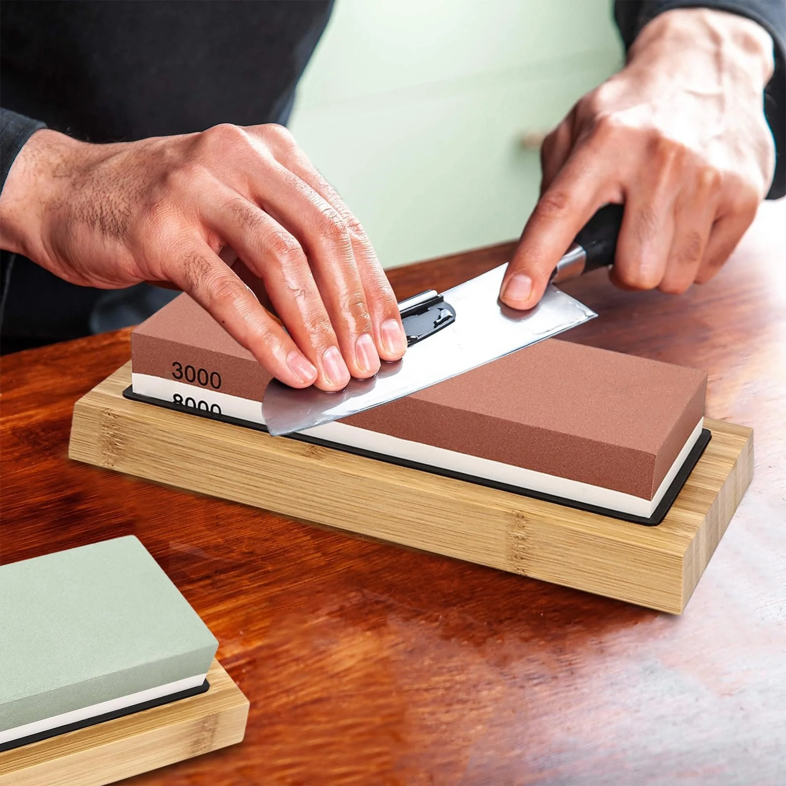 Професійний набір точильних каменів 400/1000 3000/8000 з бамбуковою основою, правильним каменем та шкіряними ременями, фото №2